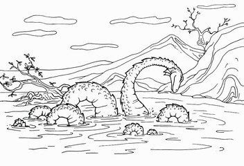 Coloring book for children with a dinosaur hand-painted in cartoon style, coloring sea monster. Beautiful picture of a dinosaur for coloring. Children's rest.