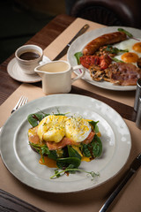 Poached eggs with salad and smoked salmon