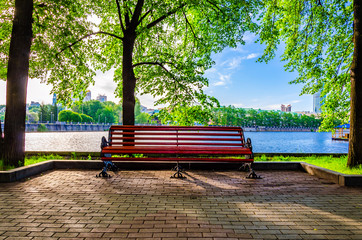 Red bench on the lake in the summer in the Park.