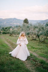 Fototapeta na wymiar Wedding at an old winery villa in Tuscany, Italy. The bride in a white wedding dress in an olive grove.