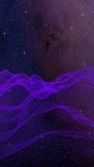 Abstract ultraviolet landscape on a dark background. Purple cyberspace grid. hi tech network. Outer space. Violet starry outer space texture. 3D illustration