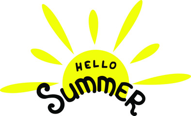 Handwritten lettering quote of Hello Summer with sun on white background.