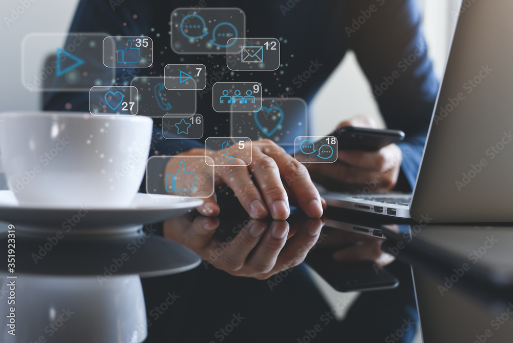 Poster man using mobile smart phone connecting internet social media app with technology icons on virtual s