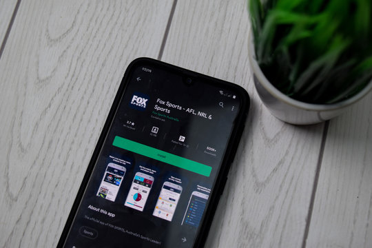 BEKASI, WEST JAVA, INDONESIA. MAY 23, 2020 : Fox Sports - AFL, NRL & Sports dev app on Smartphone screen. Fox Sports is a freeware web browser developed by Fox Sports Australia