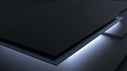 3D Illustration of stylish rectangular planes in cool dark colors with metal application lighted from below