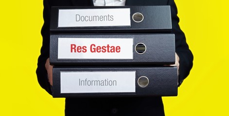 Res Gestae. Businessman is carrying a stack of 3 file folders. Yellow background. Documents with word on label. Economy, Statistics, Finance