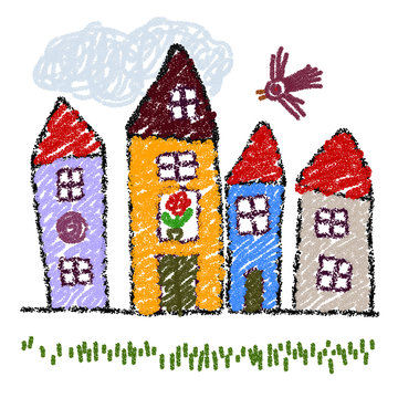Child drawing styled cityscape. Wax crayon like vector graphic on separated white background. The elements can be rearranged independently of each other.