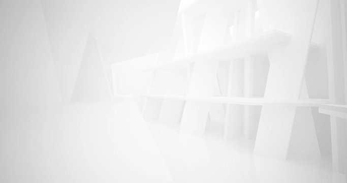 Abstract architectural background. Flying on a white minimalistic interior. Futuristic modern space. Bright lighting. 3D animation and rendering.