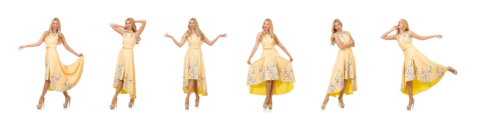 Blond girl in charming dress with flower prints isolated on whit