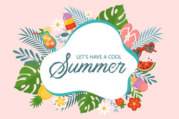 Summer background template for social media, banner or poster design. Flat style cartoon illustration