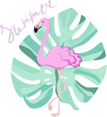 Vector flat pink flamingo with a big palm leaf on background and lettering word summer