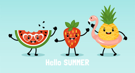 Summer banner design with cute funny pineapple, watermelon and strawberry characters. Flat style cartoon vector illustration