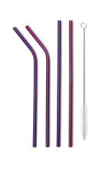 Detailed shot of blue and violet reusable metal straws and a straw-cleaner. The set of eco-friendly cocktail straws is located on the white background.