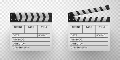 Fototapeta na wymiar White movie clappers realistic icon set. Clapboards open and closed.