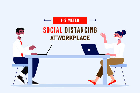 Social distancing at office workplace. Employees are maintain distance during work at workplace. Safety awareness of covid-19 virus. Vector illustration of people are working on a office desk. 