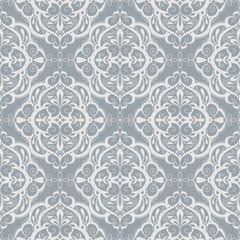 Vintage line art pattern with white seamless monochrome pattern on gray background for fabric design.