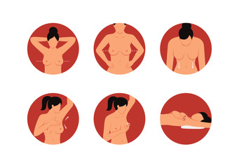 woman breast cancer self screening posture set, flat faceless cartoon character design