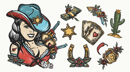 Wild West collection. Cowboy girl, golden horseshoe, cactus, sheriff star, playing card, gun. Traditional tattooing style. Western set. American history elements