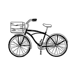 Naklejka na ściany i meble Vintage city bike with front basket. Vector hand drawn bicycle illustration isolated on white background