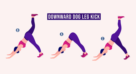 Fototapeta na wymiar Girl doing Downward Dog Leg Kick exercise, Woman workout fitness, aerobic and exercises. Vector Illustration.