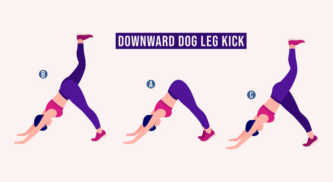 Girl doing Downward Dog Leg Kick exercise, Woman workout fitness, aerobic and exercises. Vector Illustration.