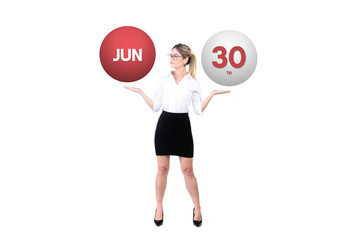 Fototapeta na wymiar June 30th calendar background. Day 30 of jun month. Business woman holding 3d spheres. Modern concept.