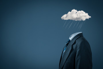 Businessman feels blue in crisis (bad and hard) times. Sad and depressed feels, mood and emotion represented by color and cloud with rain instead of the head. - obrazy, fototapety, plakaty