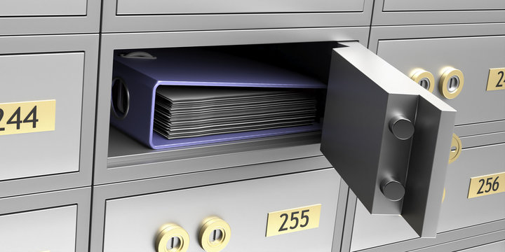 Safe bank deposit box and business folder. 3d illustration