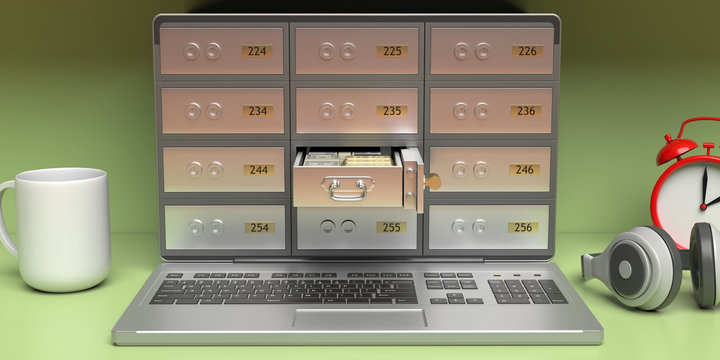 Safe bank deposit and open drawer laptop screen on office desk. 3d illustration