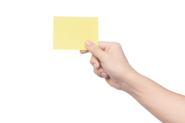Obraz premium Hand holding yellow paper isolated on white with clipping path.