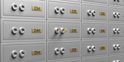 Safe deposit boxes background, for storing safely valuables in a bank. 3d illustration