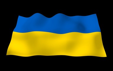 The flag of Ukraine on a dark background. National flag and state ensign. Blue and yellow bicolour. 3D illustration waving flag