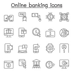 Online banking icons set in thin line style