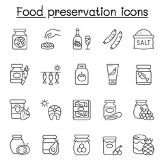 Preserved food icons set in thin line style