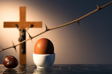 Chicken and quail eggs painted red for the holiday of Holy Easter on a blurred background with a...