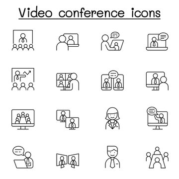 Video conference icons set in thin line style