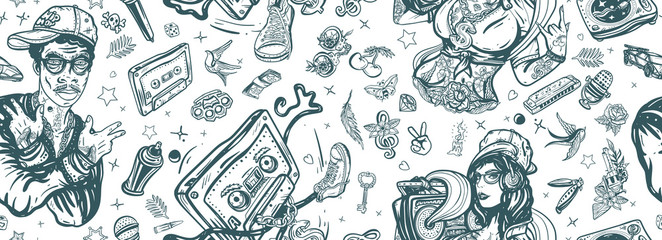 Hip hop music seamless pattern. Old school tattoo style. Rap girl, swag woman. Audio cassette, break dance art. Street ghetto lifestyle. African American man rapper. Pop culture musical background