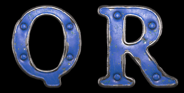 Set of uppercase letters Q, R made of painted metal with blue rivets on black background. 3d