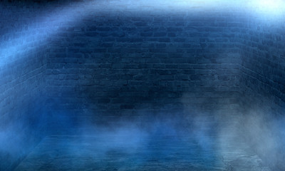 Obraz premium Neon brick wall. Empty old corridor, hall, garage, studio, stage. Light rays, spotlights, spots. Smoke fog, blue, yellow neon light. Concrete floor.