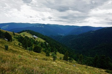 View from the foot of Le Hohneck over the hilly landscape of the Vosges