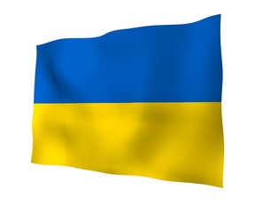 The flag of Ukraine on a white background. National flag and state ensign. Blue and yellow bicolour. 3D illustration waving flag