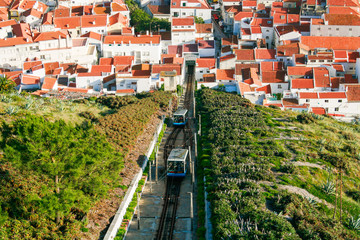 Cablecars at the intersection of the railway track from Nazare to O Sitio at the top of the cliff