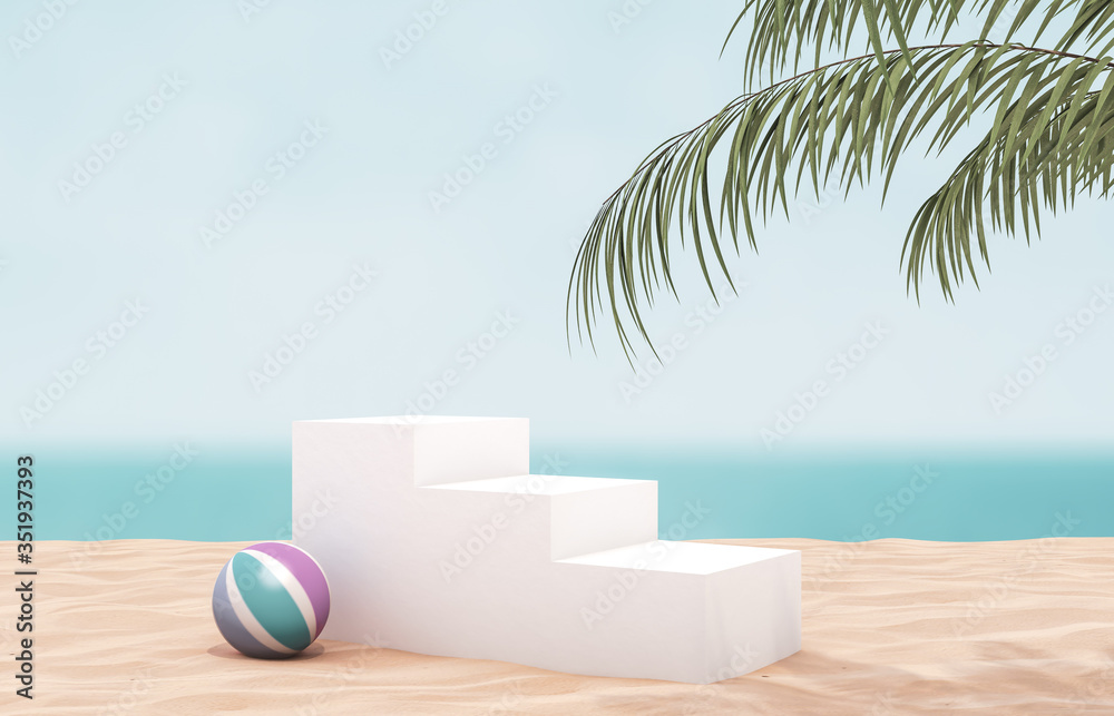 Poster natural summer beach backdrop with white stair and palm tree for product display. 3d summer scene. s