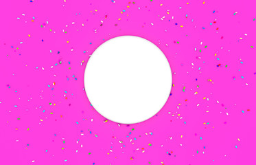 Empty white round box with colorful sprinkles on pink background for product display. 3d render.