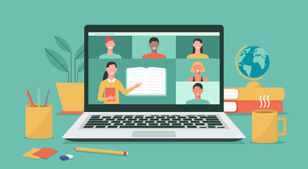 online education or e-learning, home school, teacher teaching students on computer laptop screen, distance learning, online course concept, new normal, vector flat illustration