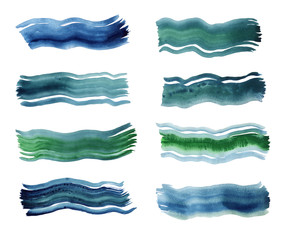 Set of watercolor horizontal brush strokes on a white isolated background. Blue and green watercolor stripes.