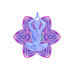 watercolor silhouette of a man practicing yoga on a kaleidoscope background. lotus pose composition. karma meditation collage