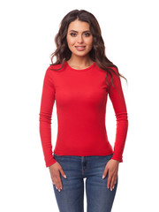 Fototapeta premium Beautiful girl in a jacket of red color. Template of a jacket of red color. Red sweatshirt