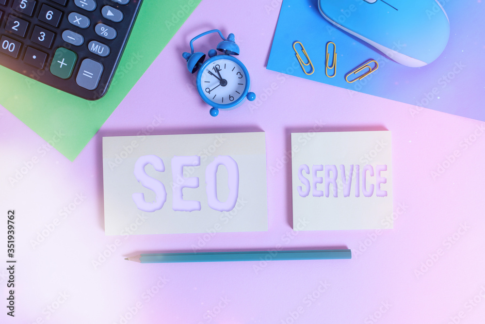 Poster handwriting text seo service. conceptual photo techniques and procedures to increase the website vis