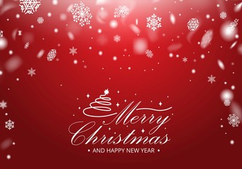 Merry christmas greeting card with snowflakes vector illustration. Beautiful handwritten lettering flat style. Happy new year and holiday concept. Isolated on red background